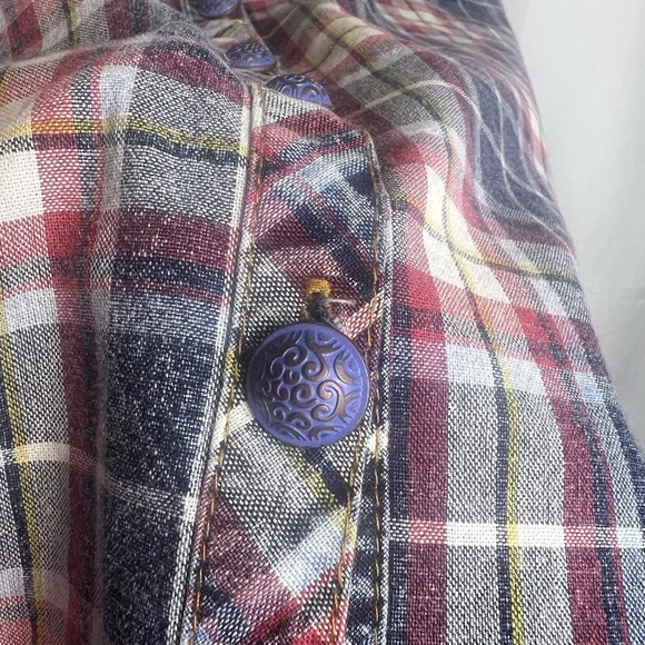 ARATTA Silent Journey Womens Plaid Flannel Button Down Shirt M Boho Western Bell - Picture 10 of 13